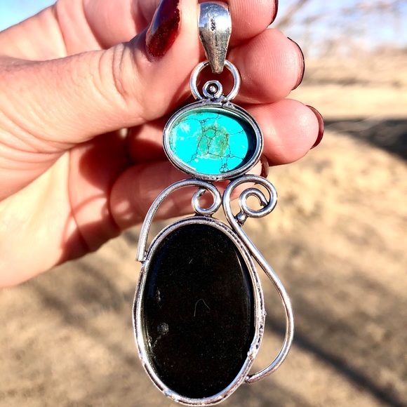 Sterling Silver Oval Turquoise And Onyx Pendant - Picture 3 of 5